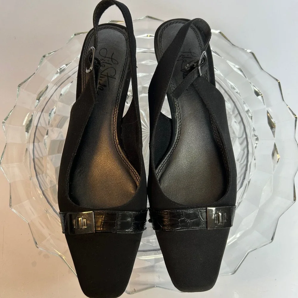 Life Stride Black Fabric‎ Slingback Heels Dress Shoes Buckle 7.5M